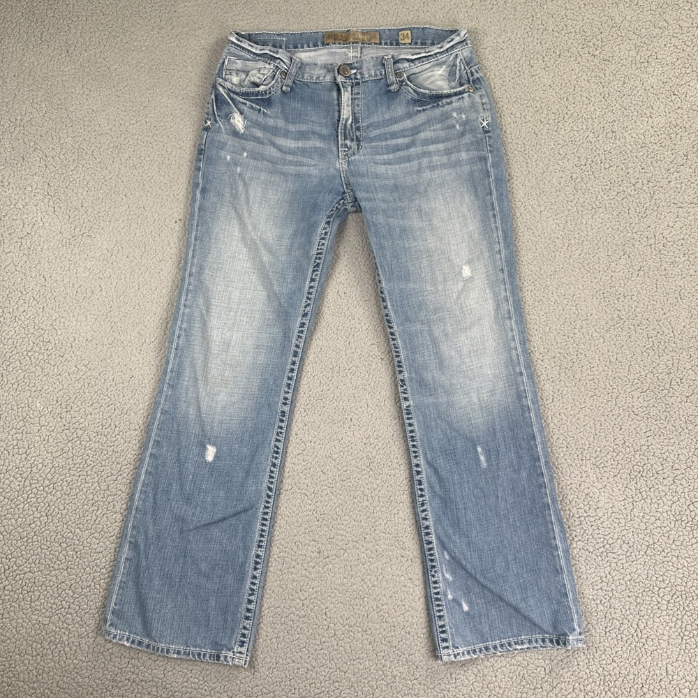 BKE Buckle Carter Bootcut Jeans Men 34x32 Blue Whiskered Distressed Cowboy Work